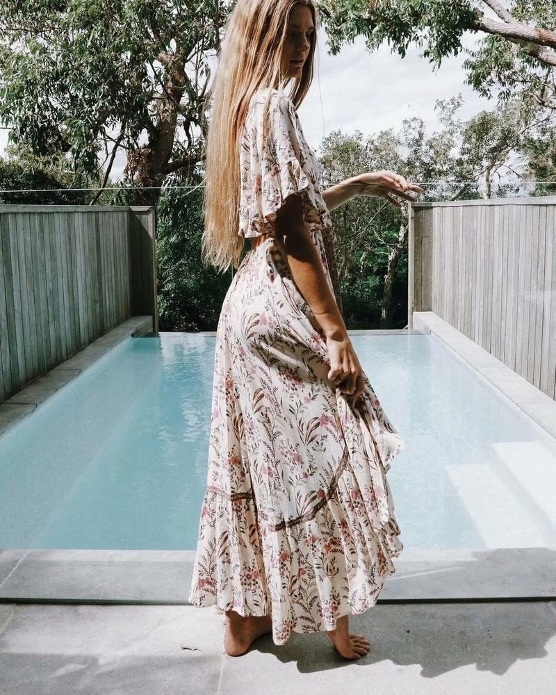 Women's Vintage Chic Floral Dress Short sleeve rayon Bohemian Dresses Ladies V neck Tassel Summer Boho pleated Maxi dress vestidos