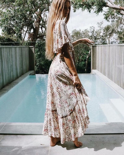 Women's Vintage Chic Floral Dress Short sleeve rayon Bohemian Dresses Ladies V neck Tassel Summer Boho pleated Maxi dress vestidos