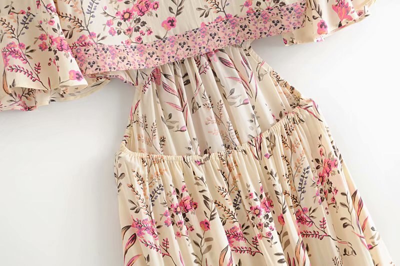Women's Vintage Chic Floral Dress Short sleeve rayon Bohemian Dresses Ladies V neck Tassel Summer Boho pleated Maxi dress vestidos