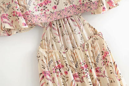 Women's Vintage Chic Floral Dress Short sleeve rayon Bohemian Dresses Ladies V neck Tassel Summer Boho pleated Maxi dress vestidos