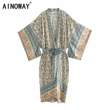 Vintage chic women florals print bat sleeve beach Bohemian Kimono dress Ladies V neck Tassel Summer Boho robe  vestidos