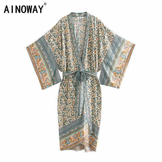 Vintage chic women florals print bat sleeve beach Bohemian Kimono dress Ladies V neck Tassel Summer Boho robe  vestidos