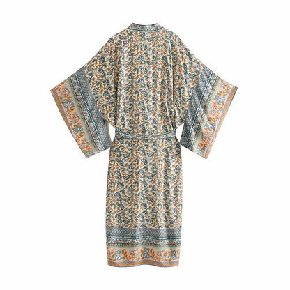 Vintage chic women florals print bat sleeve beach Bohemian Kimono dress Ladies V neck Tassel Summer Boho robe  vestidos