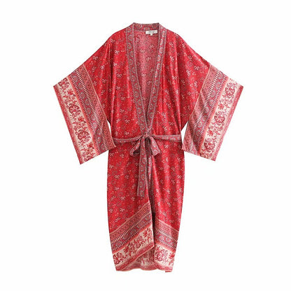 Vintage chic women florals print bat sleeve beach Bohemian Kimono dress Ladies V neck Tassel Summer Boho robe  vestidos