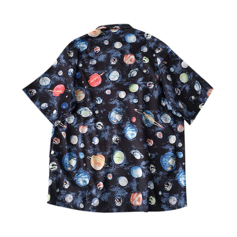 Women's Retro Cartoon Planet Print Blouse Shirt Summer Short Sleeve Lapel Shirt Women Tops Loose Casual Blouses