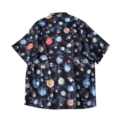 Women's Retro Cartoon Planet Print Blouse Shirt Summer Short Sleeve Lapel Shirt Women Tops Loose Casual Blouses
