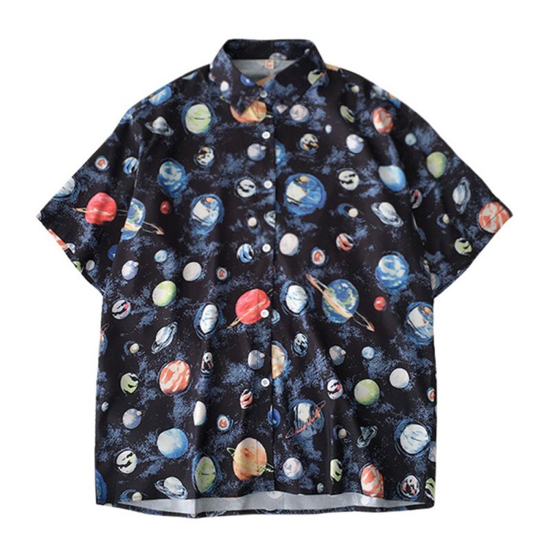 Women's Retro Cartoon Planet Print Blouse Shirt Summer Short Sleeve Lapel Shirt Women Tops Loose Casual Blouses