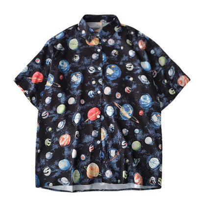 Women's Retro Cartoon Planet Print Blouse Shirt Summer Short Sleeve Lapel Shirt Women Tops Loose Casual Blouses