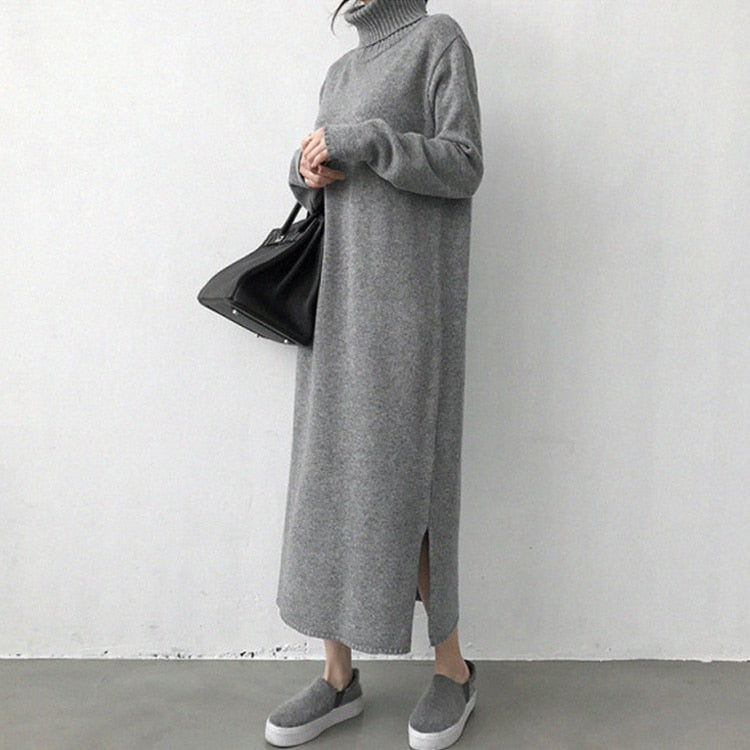 Warm Turtleneck Thick Knitting Sweater Dress Women Grey or Black Knitted Female Loose Girls Long Dresses Womens Oversize Vestidos