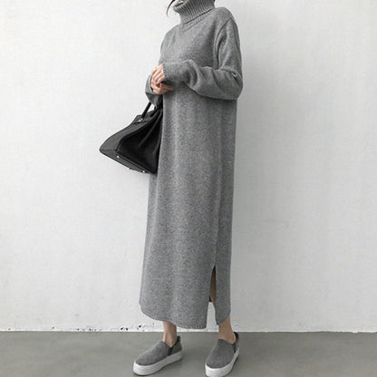 Warm Turtleneck Thick Knitting Sweater Dress Women Grey or Black Knitted Female Loose Girls Long Dresses Womens Oversize Vestidos
