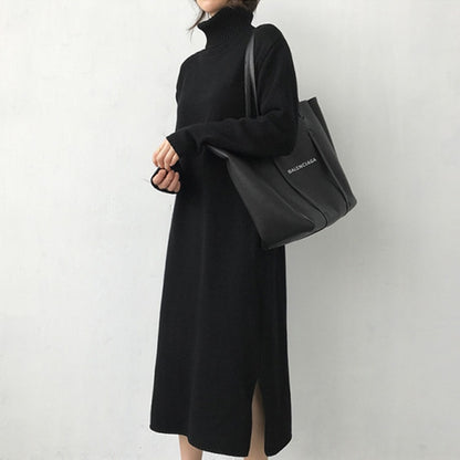 Warm Turtleneck Thick Knitting Sweater Dress Women Grey or Black Knitted Female Loose Girls Long Dresses Womens Oversize Vestidos