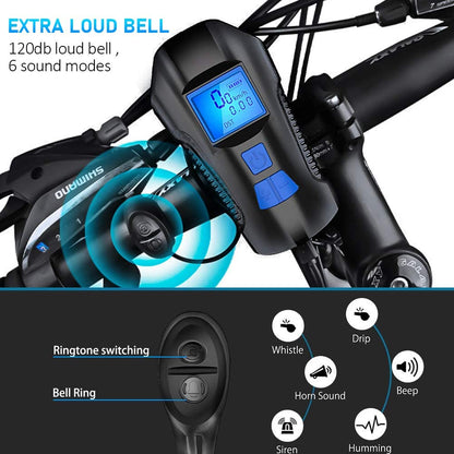 Waterproof Bicycle Light USB Rechargeable Bike Front Light Flashlight with Bike Computer LCD Speedometer Cycling Head Light Horn