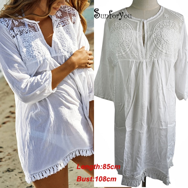 White Casual Beach Cotton Dress 2020 Bohemian Dress Tunic For Beach V-neck Lace Patchwork Shirt Dress Vestidos Mujer  Sarong