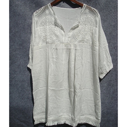 White Casual Beach Cotton Dress 2020 Bohemian Dress Tunic For Beach V-neck Lace Patchwork Shirt Dress Vestidos Mujer  Sarong