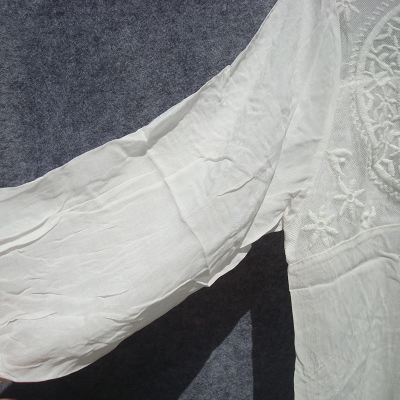 White Casual Beach Cotton Dress 2020 Bohemian Dress Tunic For Beach V-neck Lace Patchwork Shirt Dress Vestidos Mujer  Sarong