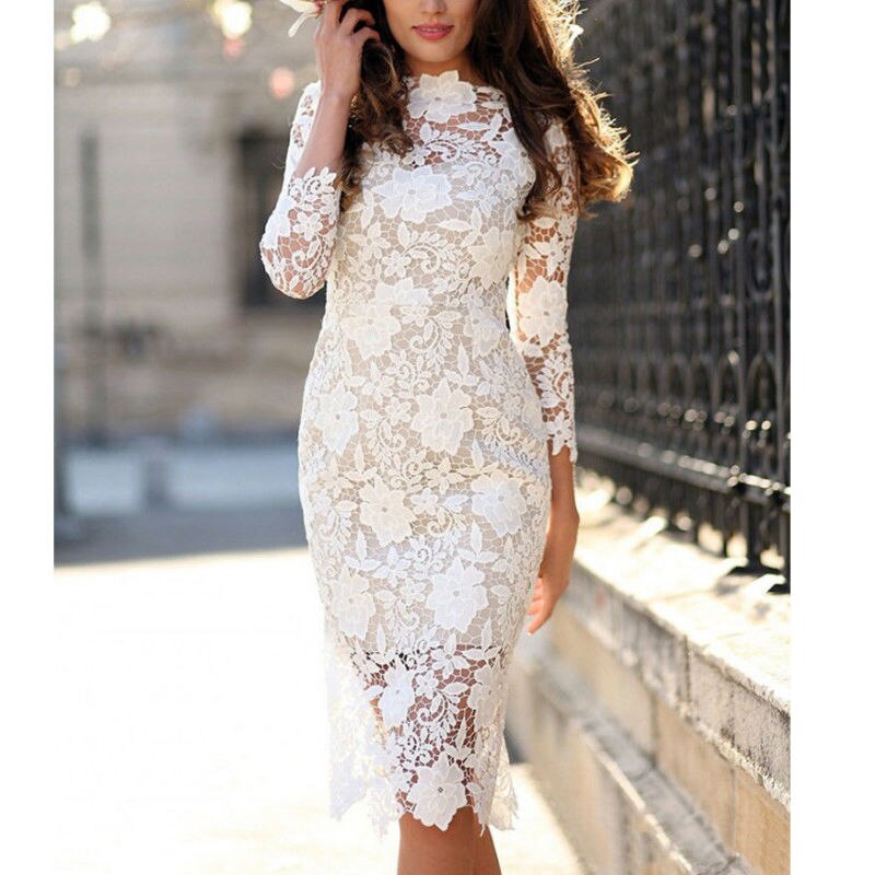 White Lace Bodycon Pencil Dress Summer 2020 Women Long Sleeve Midi Pencil Dresses