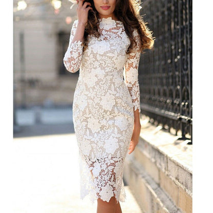 White Lace Bodycon Pencil Dress Summer 2020 Women Long Sleeve Midi Pencil Dresses