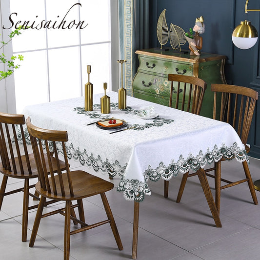 White Lace Embroidered Tablecloth Upscale Polyester Fabric Hollow Hem Round Dining Table Cloth/Tea Table Cover for Wedding Party