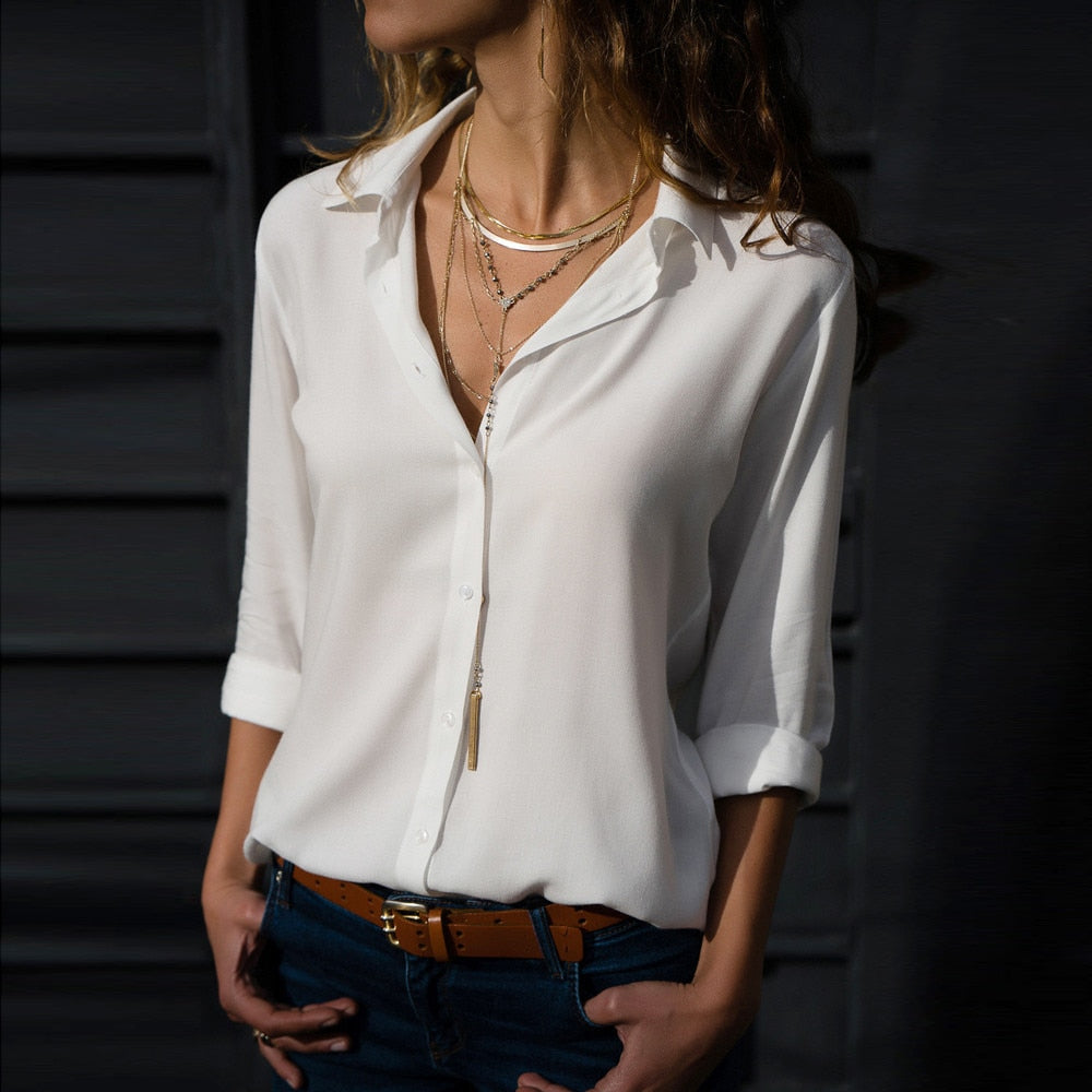 White Shirts Women OL Work Wear Plain Tops Casual Loose 2021 Long Sleeve Blouses Lady All-match Elegant Vintage Blusas