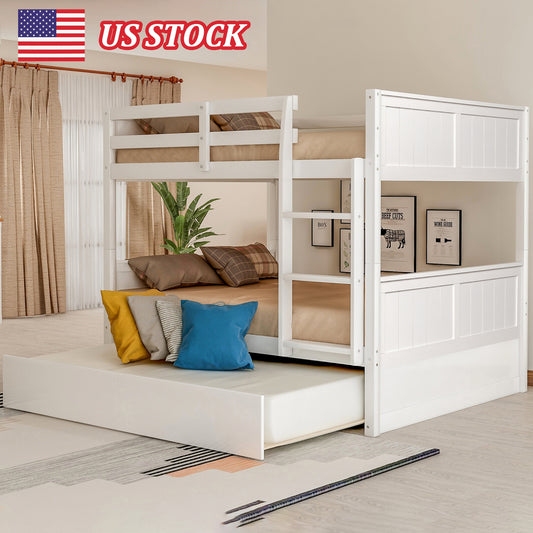 White Solid Pine Wooden Twin Loft Full Bunk Bed Strong Sturdy Frame for Adults Kids 79.5’’ x 57’’ Safe Sleeping Beds with Slats