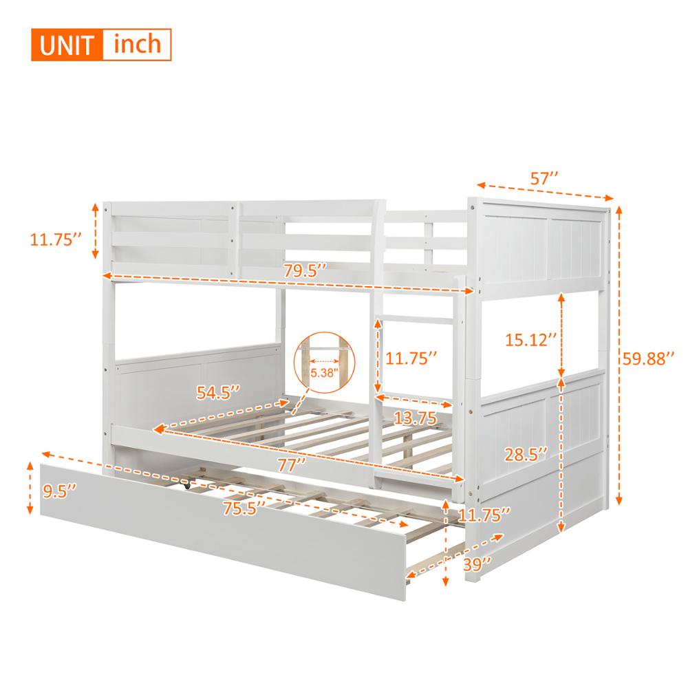 White Solid Pine Wooden Twin Loft Full Bunk Bed Strong Sturdy Frame for Adults Kids 79.5’’ x 57’’ Safe Sleeping Beds with Slats