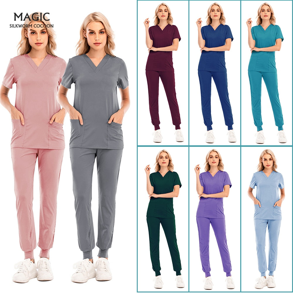 Fashion Scrub Suits Hospital Uniform Set Solid Color Unisex Surgical Gown Pocket V-neck Scrubs Set for Women Joggers