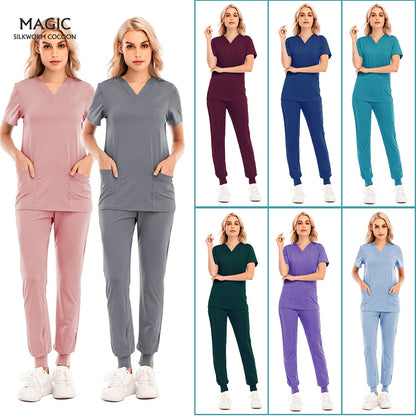 Fashion Scrub Suits Hospital Uniform Set Solid Color Unisex Surgical Gown Pocket V-neck Scrubs Set for Women Joggers