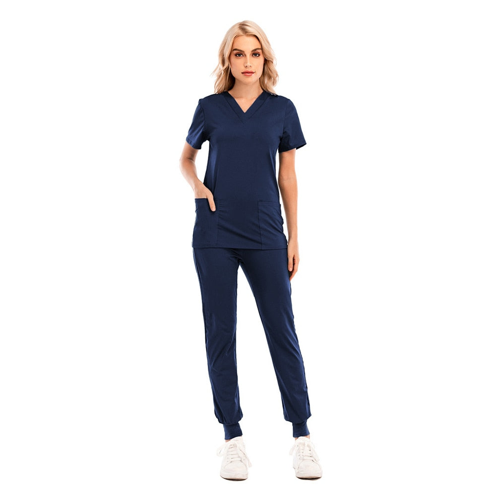 Fashion Scrub Suits Hospital Uniform Set Solid Color Unisex Surgical Gown Pocket V-neck Scrubs Set for Women Joggers