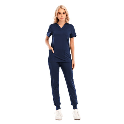 Fashion Scrub Suits Hospital Uniform Set Solid Color Unisex Surgical Gown Pocket V-neck Scrubs Set for Women Joggers