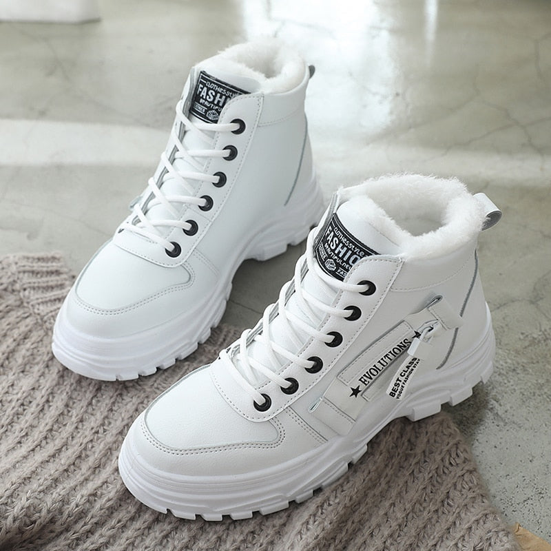 Winter Boots Women Snow Boots 2021 Fashion Black White Leather Platform Shoes Woman Ankle Boots Ladies Warm Fur Casual Sneakers