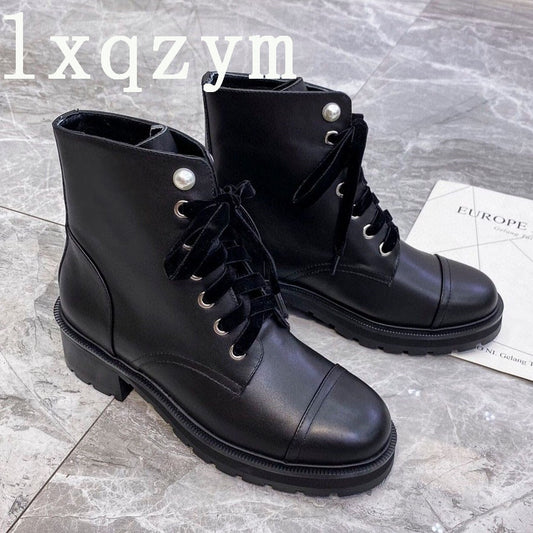 Winter Classic Women Boots Lace-Up Ankle Boots Genuine Leather Pearl Design Fabric Luxury Brand High Quality Ladies Fashion Shoe