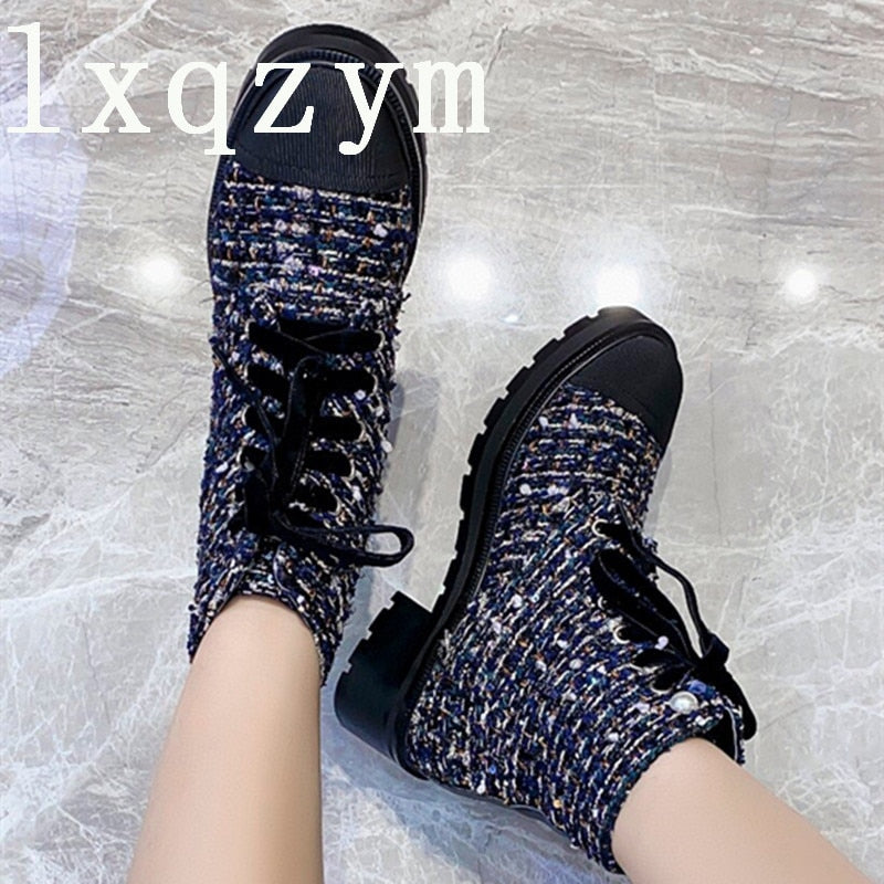 Winter Classic Women Boots Lace-Up Ankle Boots Genuine Leather Pearl Design Fabric Luxury Brand High Quality Ladies Fashion Shoe
