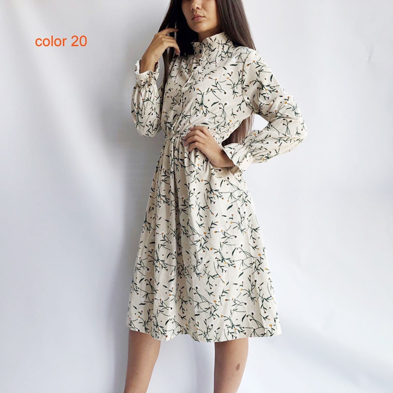 Winter Corduroy Floral Print Women Elastic Waist Autumn Winter Dress Stand Collar Beach Dress Vestidos Party Female High Quality