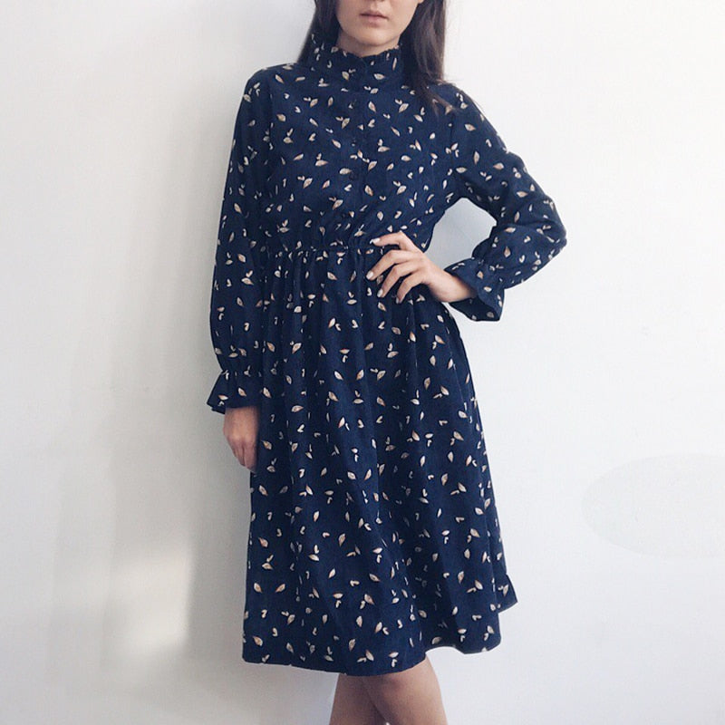 Winter Corduroy Floral Print Women Elastic Waist Autumn Winter Dress Stand Collar Beach Dress Vestidos Party Female High Quality