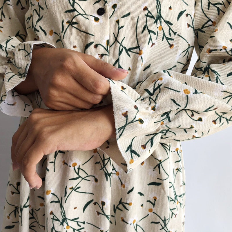 Winter Corduroy Floral Print Women Elastic Waist Autumn Winter Dress Stand Collar Beach Dress Vestidos Party Female High Quality