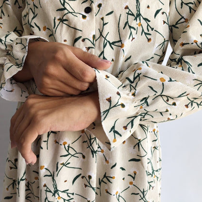 Winter Corduroy Floral Print Women Elastic Waist Autumn Winter Dress Stand Collar Beach Dress Vestidos Party Female High Quality