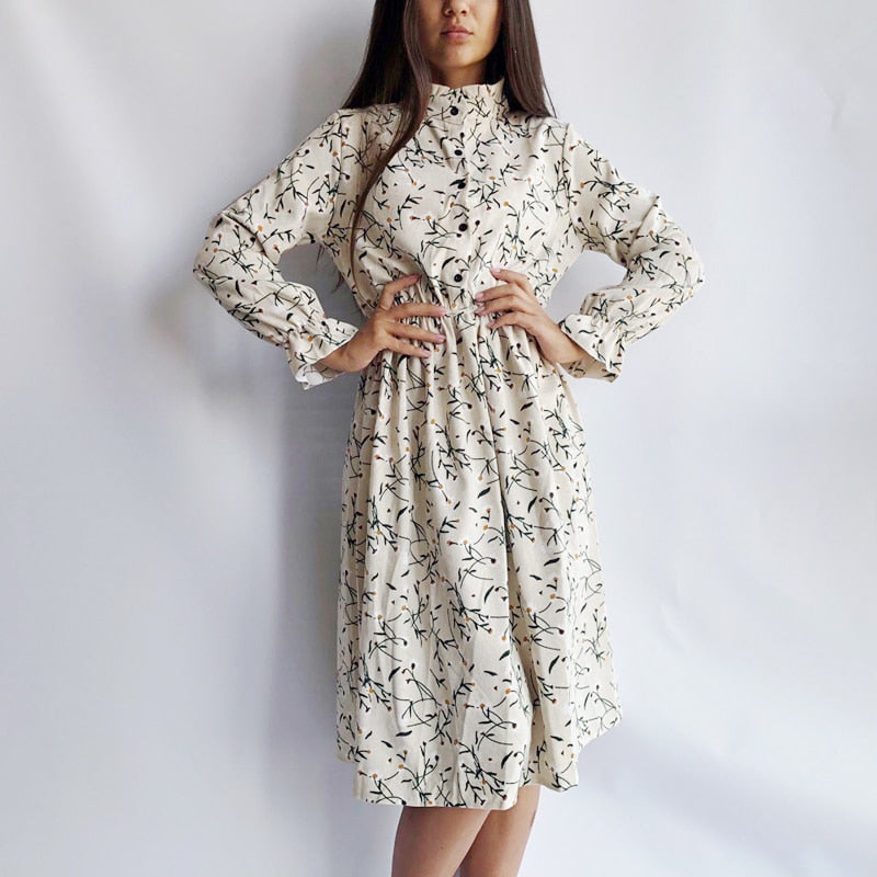 Winter Corduroy Floral Print Women Elastic Waist Autumn Winter Dress Stand Collar Beach Dress Vestidos Party Female High Quality