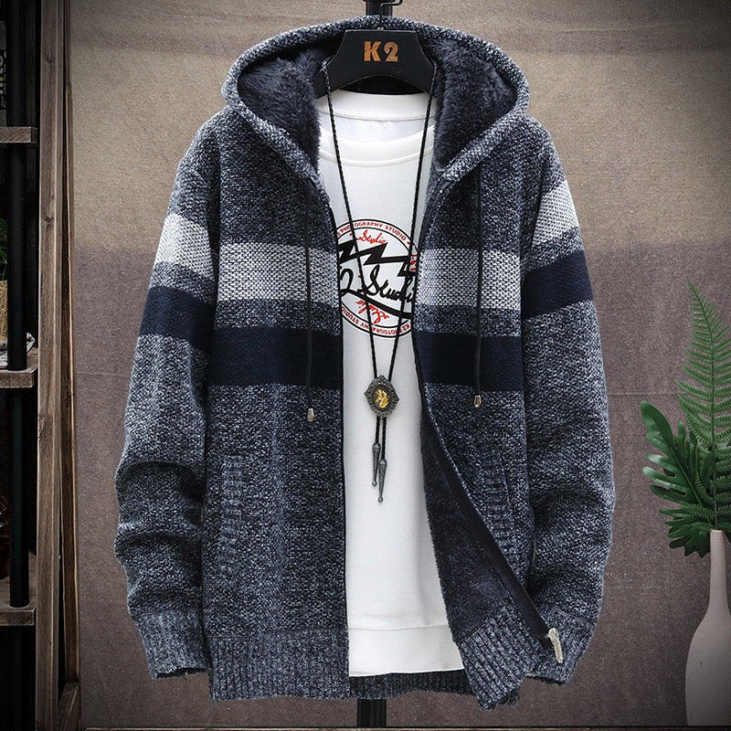 Winter Fleece Warm Sweater Men Hooded Cardigan Mens Striped Patchwork Slim Sweaters Coat Knitted Men's Christmas Jumper Clothing