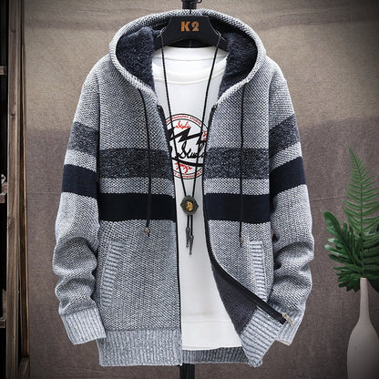 Winter Fleece Warm Sweater Men Hooded Cardigan Mens Striped Patchwork Slim Sweaters Coat Knitted Men's Christmas Jumper Clothing