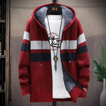 Winter Fleece Warm Sweater Men Hooded Cardigan Mens Striped Patchwork Slim Sweaters Coat Knitted Men's Christmas Jumper Clothing