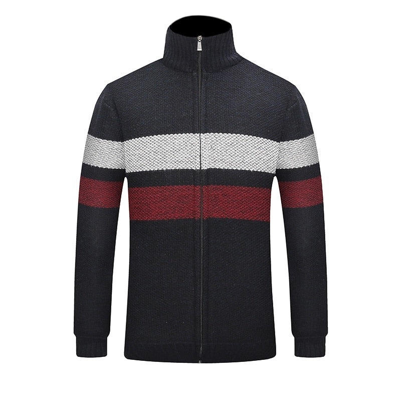 Winter Striped Fashion Thick Sweaters Male Cardigan Warm Autumn Men Brand Stand Collar Coat Homme Sweaters Casual Slim Windproof