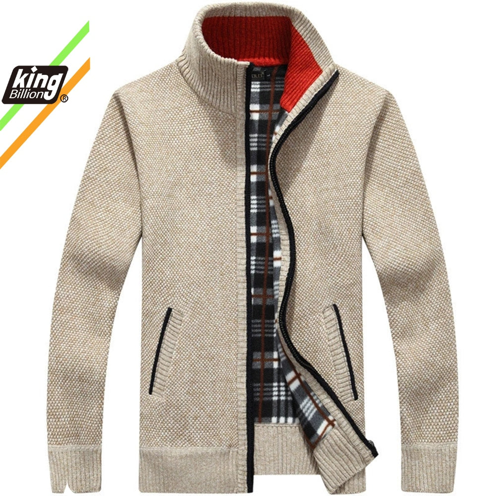 Men's Winter Thick Knitted Sweater Coat Off White Long Sleeve Cardigan Fleece Full Zip Male Causal Plus Size Clothing for Autumn