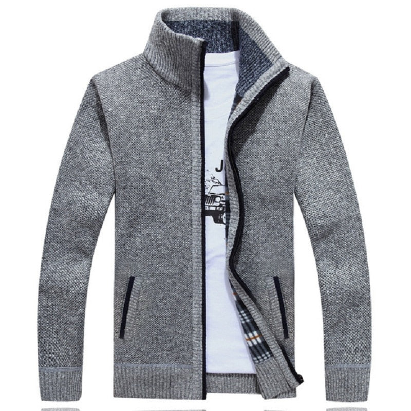 Men's Winter Thick Knitted Sweater Coat Off White Long Sleeve Cardigan Fleece Full Zip Male Causal Plus Size Clothing for Autumn