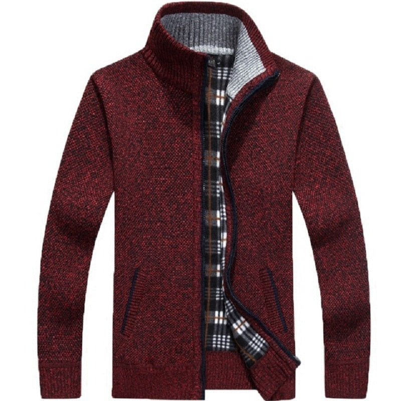 Men's Winter Thick Knitted Sweater Coat Off White Long Sleeve Cardigan Fleece Full Zip Male Causal Plus Size Clothing for Autumn