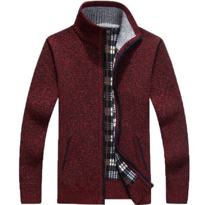 Men's Winter Thick Knitted Sweater Coat Off White Long Sleeve Cardigan Fleece Full Zip Male Causal Plus Size Clothing for Autumn