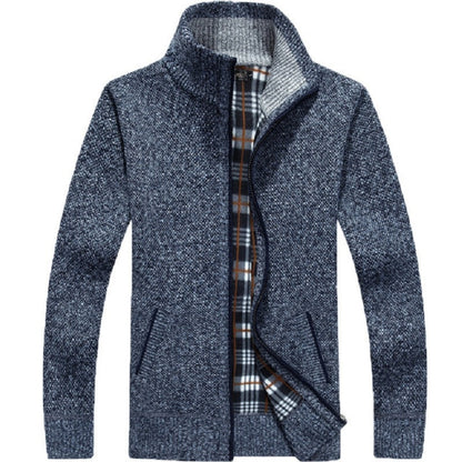 Men's Winter Thick Knitted Sweater Coat Off White Long Sleeve Cardigan Fleece Full Zip Male Causal Plus Size Clothing for Autumn