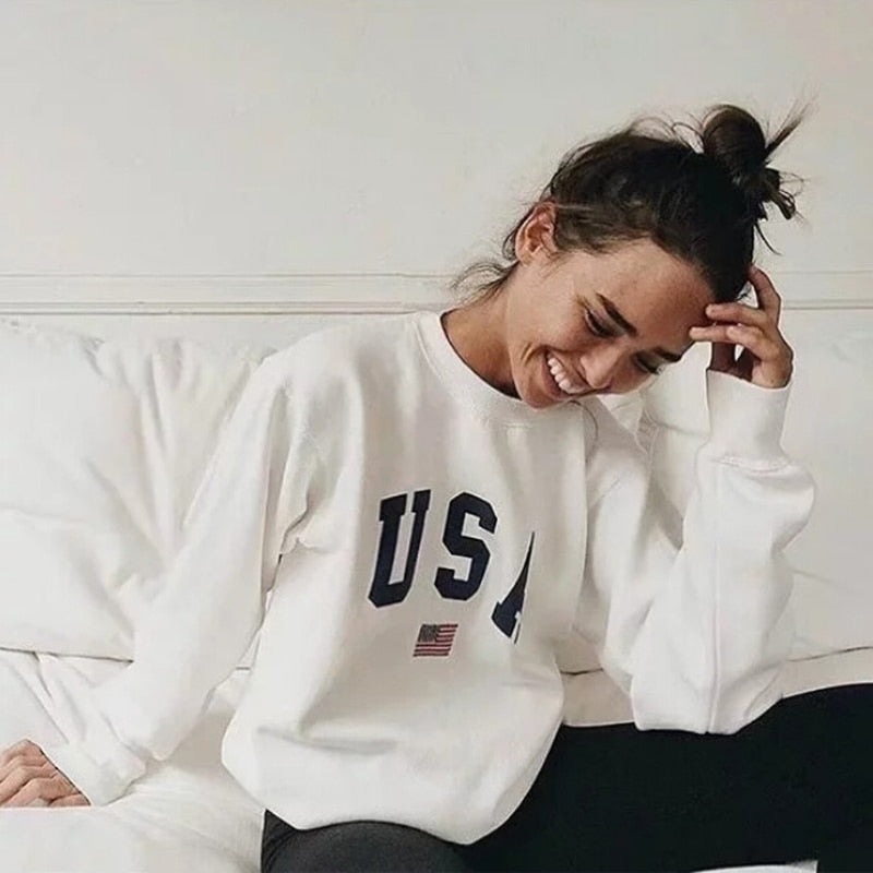 Winter Wram USA Letter print women fashion Long Sleeve Hoodie Sweatshirt Harajuku Jumper Hooded Pullover Tops Casual Loose Coat. Women's Sweater