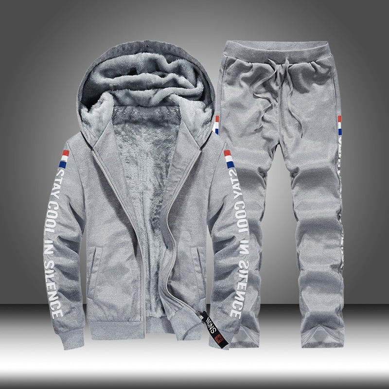 Winter Casual Men Hoodies Sweater + Pants Tracksuits Warm Plus Thick Fleece Sportswear