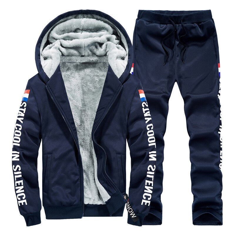 Winter Casual Men Hoodies Sweater + Pants Tracksuits Warm Plus Thick Fleece Sportswear
