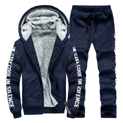 Winter Casual Men Hoodies Sweater + Pants Tracksuits Warm Plus Thick Fleece Sportswear